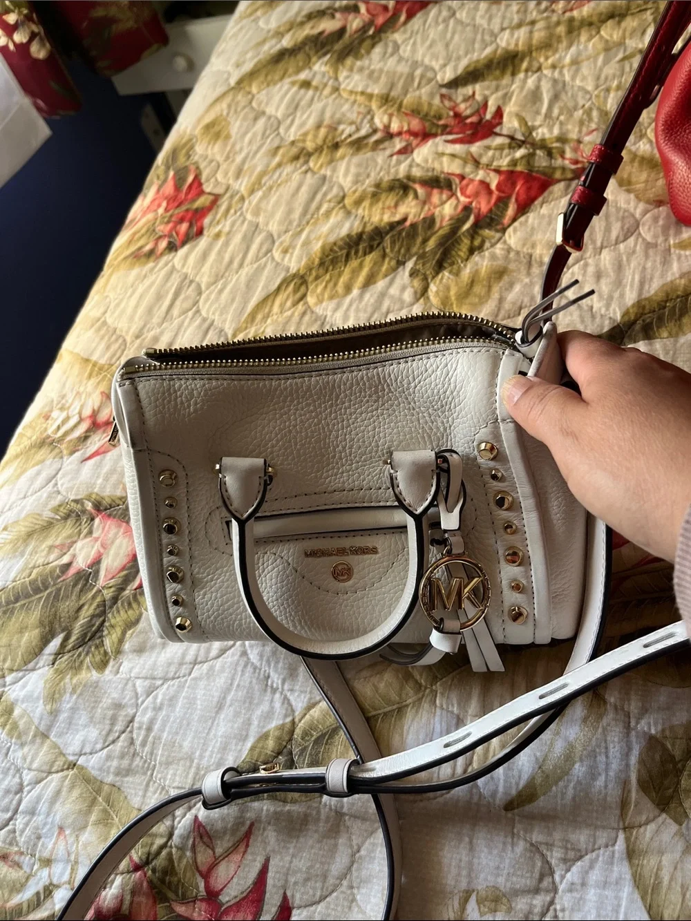 Michael Kors White Pebbled Leather Satchel with Gold Accents
